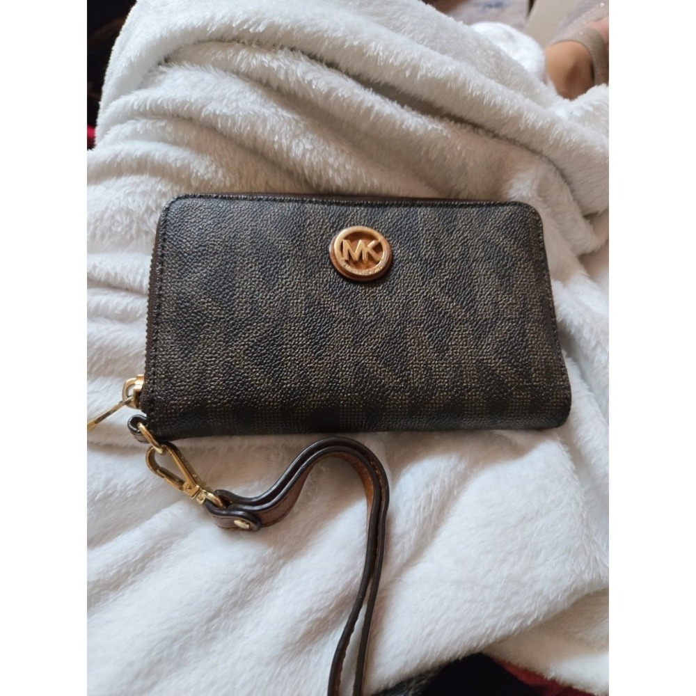 Michael Kors Zip Around Wallet- Brown Logo Leather With MK and Gold Accents